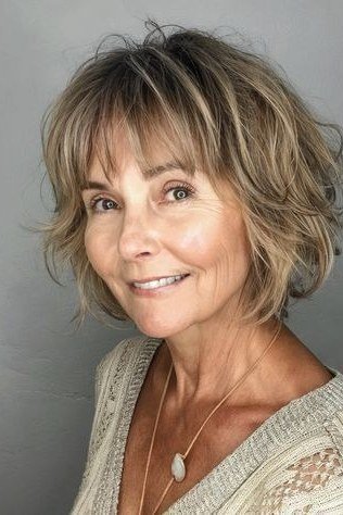 Silver choppy bob with piecey bangs for older women