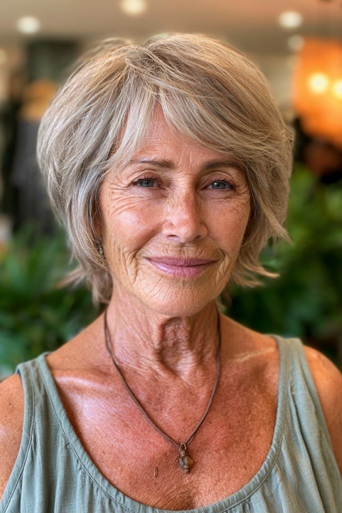 Natural silver choppy bob haircut for women over 70
