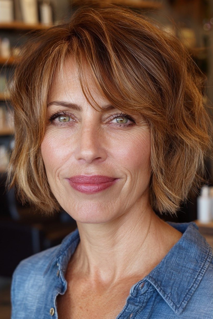 Auburn choppy bob with soft bangs for women over 70