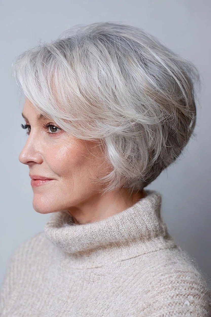 Silver choppy bob with clean lines for women over 70