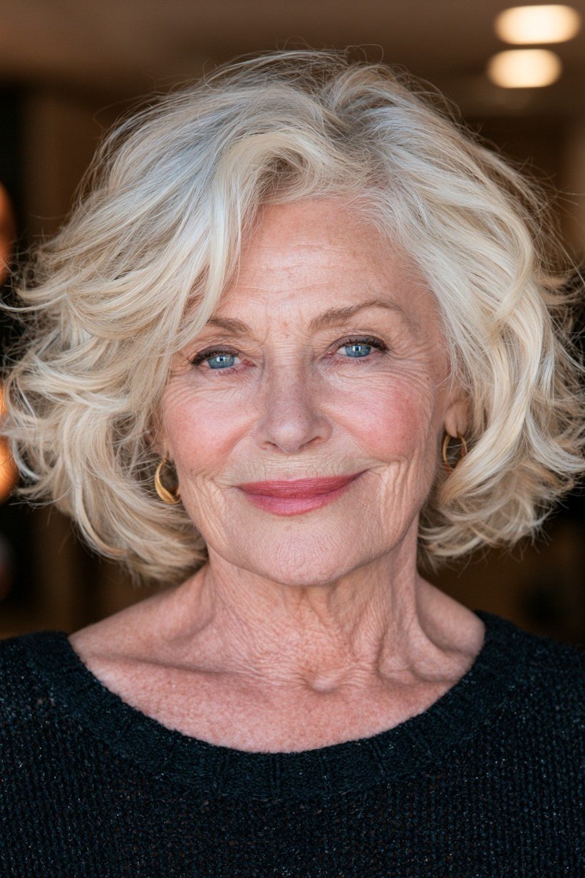 Voluminous curly blonde bob haircut for older women