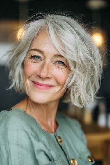 Soft silver choppy bob haircut for women over 70