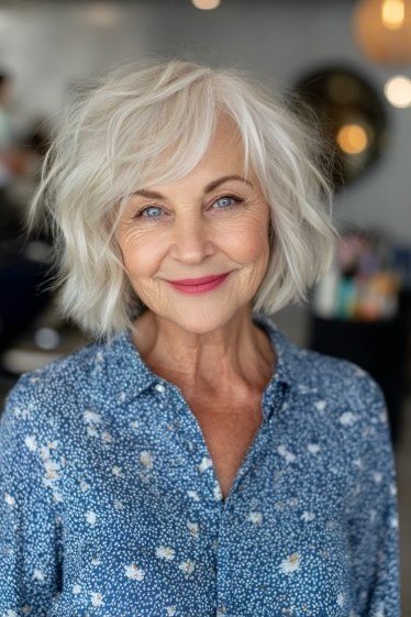 Wavy silver choppy bob haircut for older women
