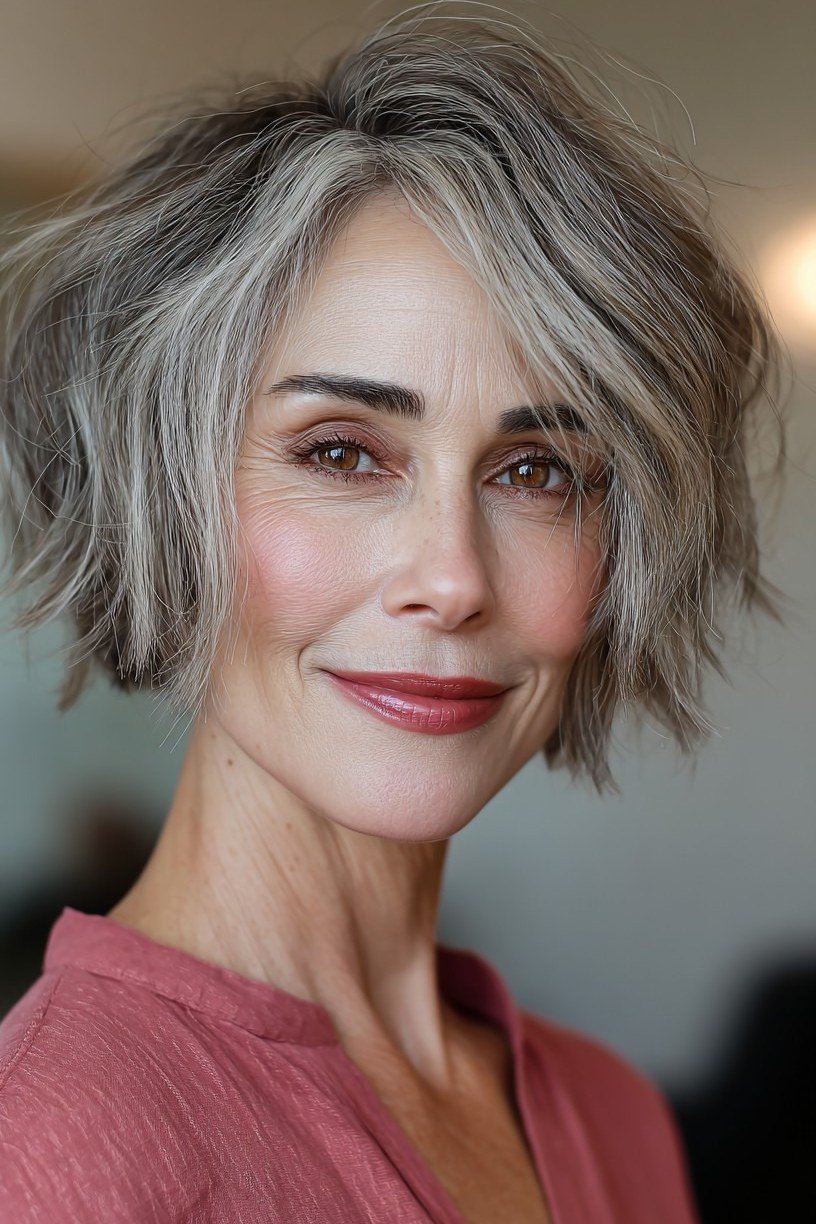 Silver choppy bob with bangs for women over 70