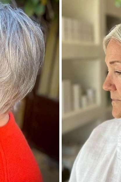 Silver choppy bob shown from side and front for women over 70