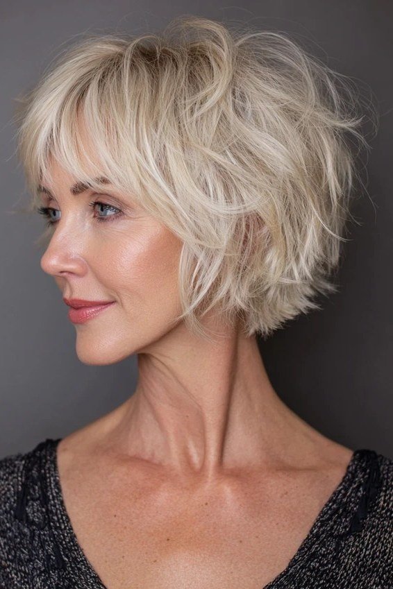 Layered blonde choppy bob haircut for women over 70
