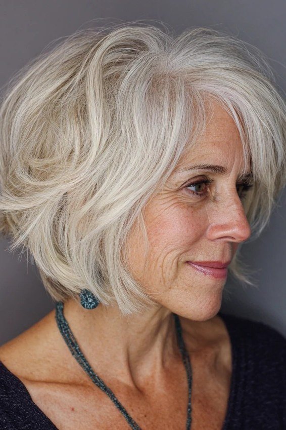 Silver choppy bob with subtle pink tint for older women