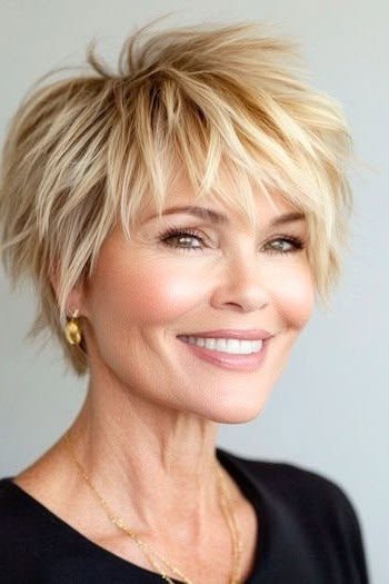 Golden blonde choppy bob haircut for older women