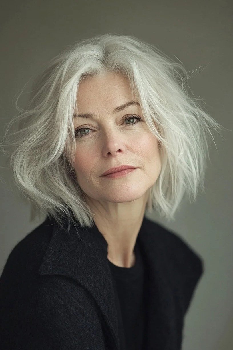 Airy silver choppy bob haircut for women over 70