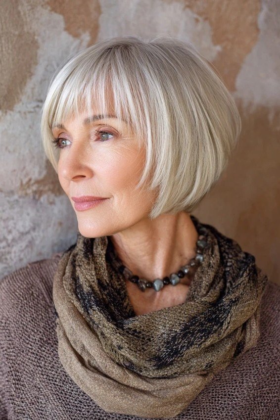 Soft white silver choppy bob haircut for women over 70
