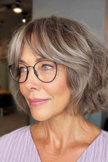 Balayage brown-blonde choppy bob for women over 70