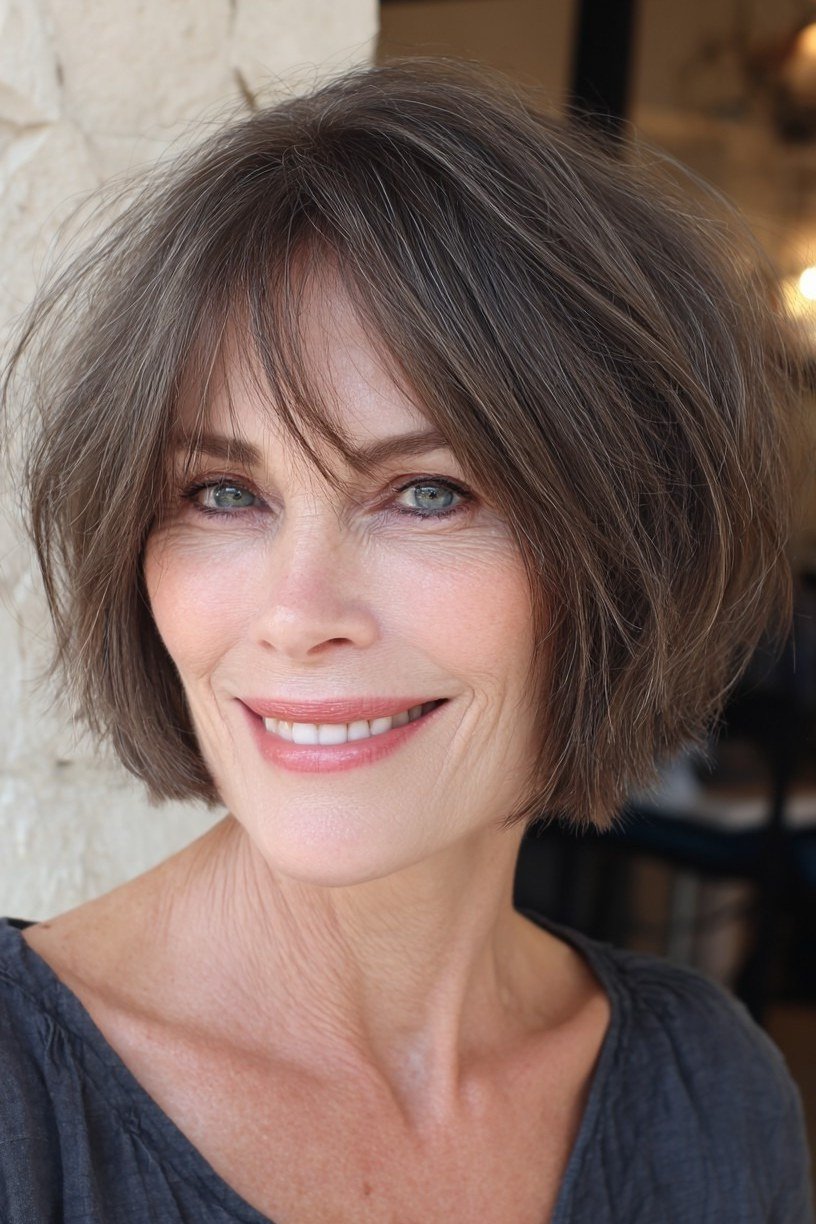 Rich brown choppy bob with bangs for women over 70