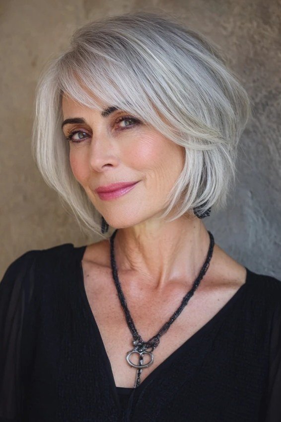 Polished silver choppy bob haircut for women over 70
