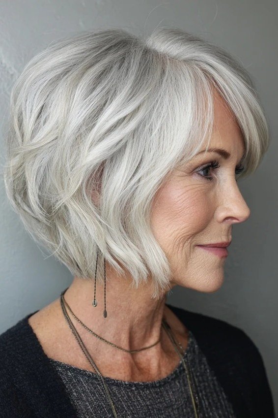 Feathered gray choppy bob haircut for older women