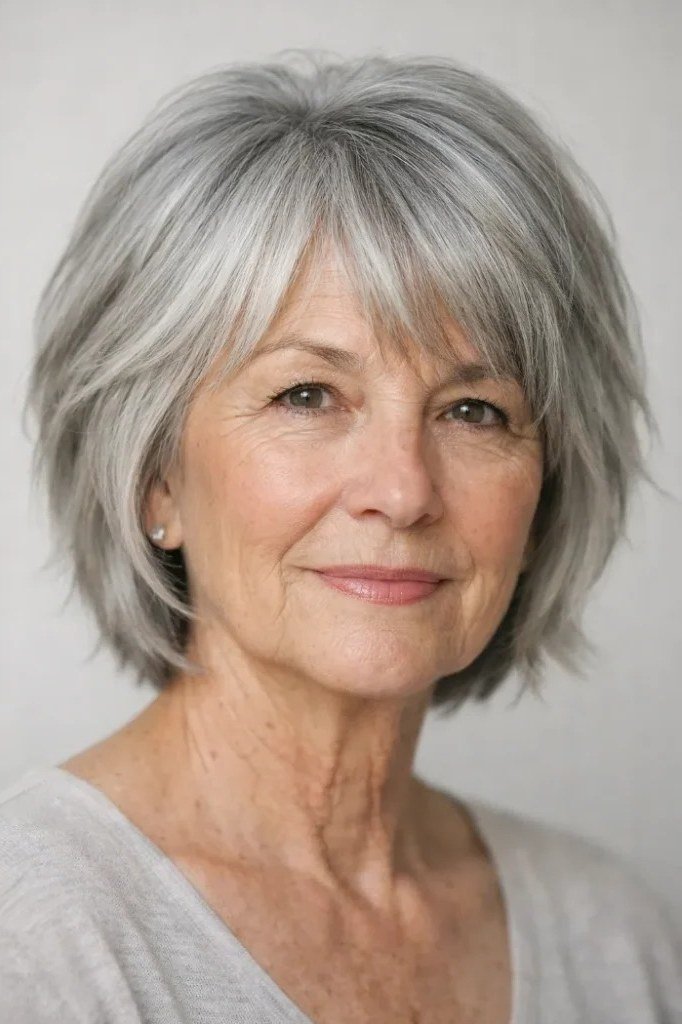 Classic silver choppy bob haircut for women over 70