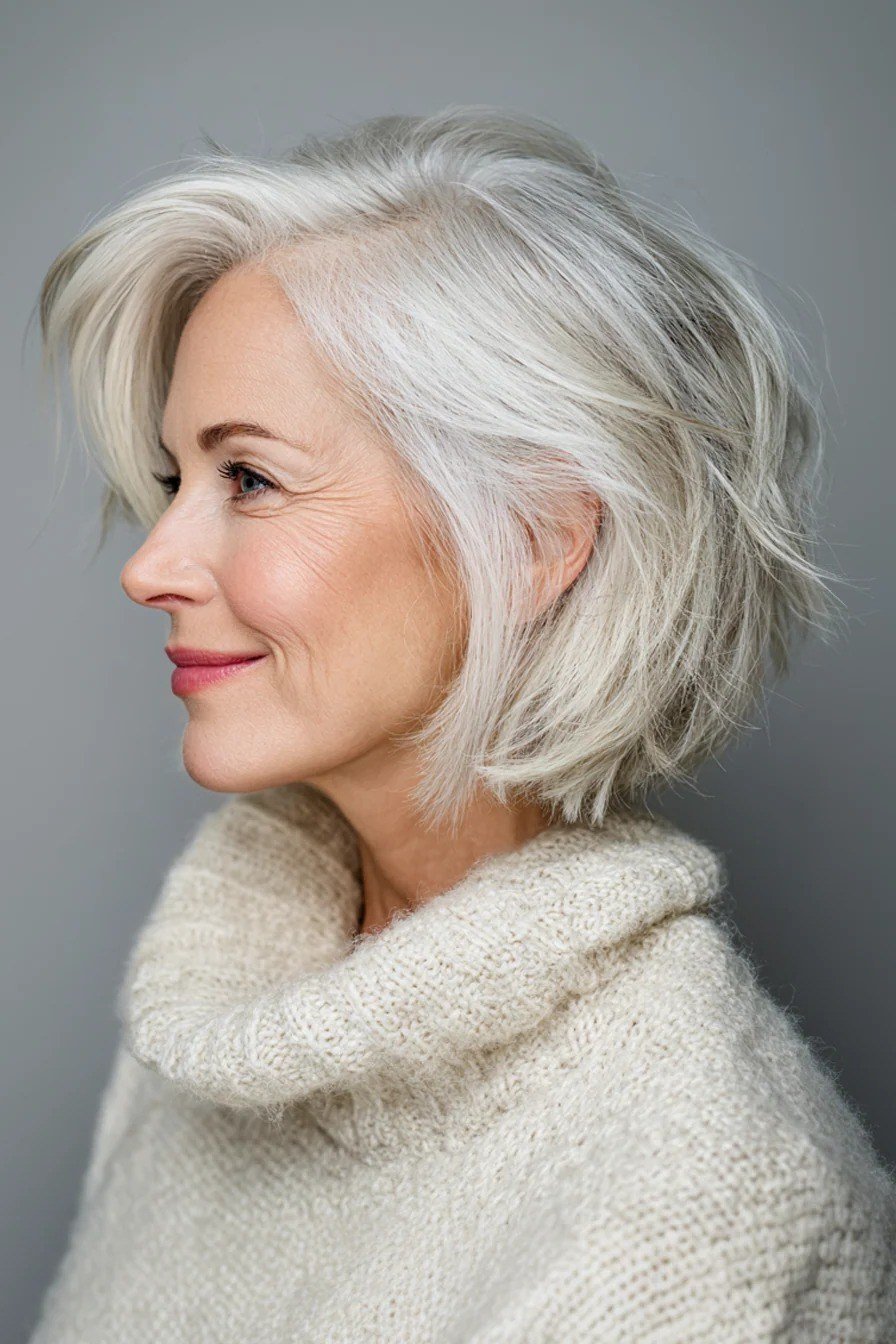 Elegant silver choppy bob haircut for older women