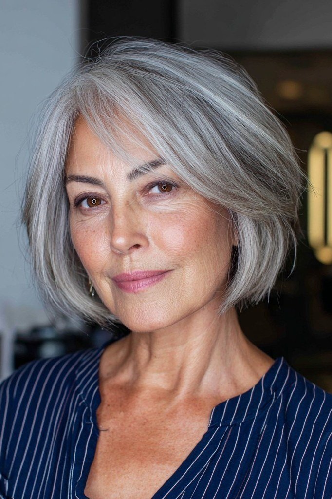 Neat silver choppy bob haircut for women over 70