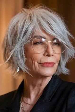Silver choppy bob haircut for women over 70 wearing glasses