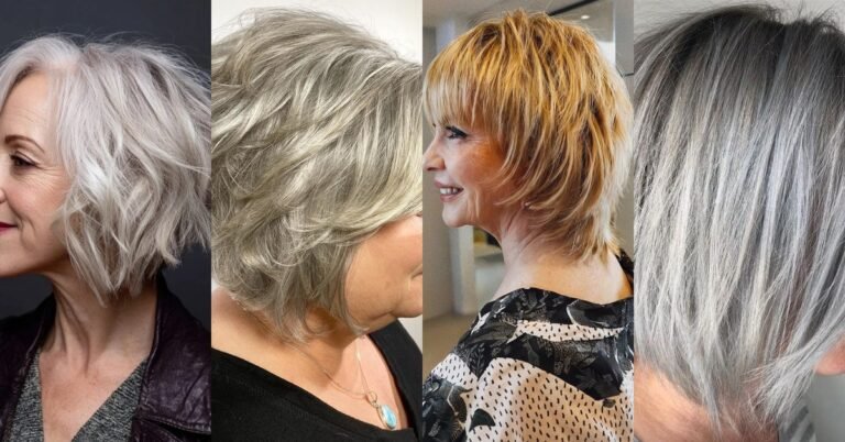 Collage of choppy bob haircuts for women over 70 in silver, blonde, and brown