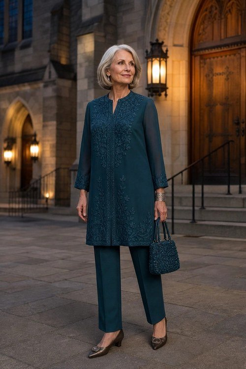 Teal tunic with teal palazzo pants, stone church for women over 60