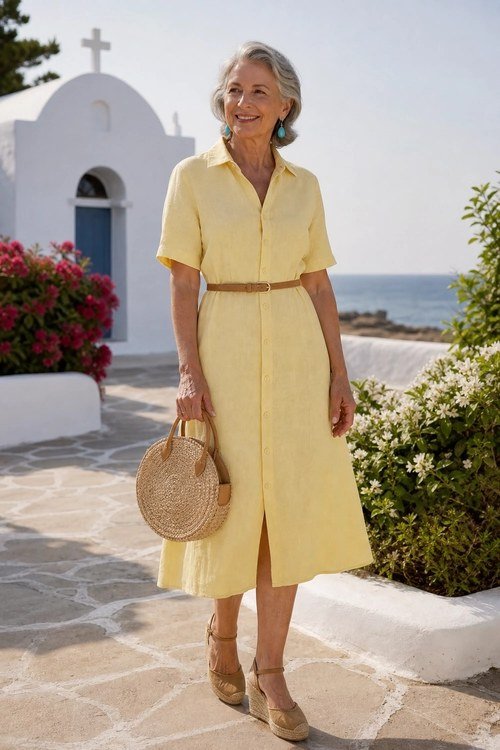 Yellow short-sleeve shirtdress with straw bag for women over 60