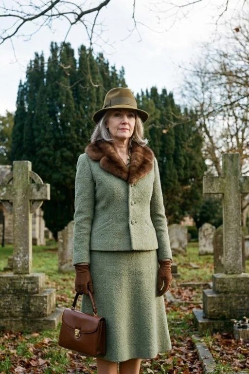 Sage green skirt suit with brown hat, churchyard for women over 60