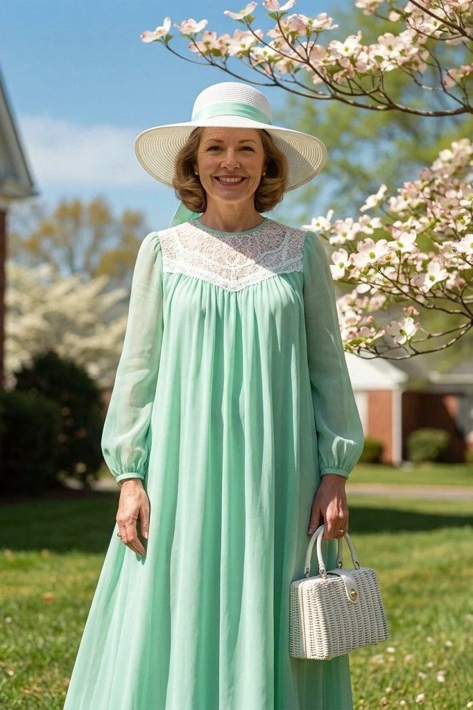 Mint green bishop-sleeve dress with white sun hat for women over 60