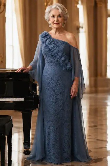 Dusty blue one-shoulder gown with floral applique for women over 60