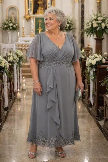 Gray wrap-front midi dress, church aisle for women over 60