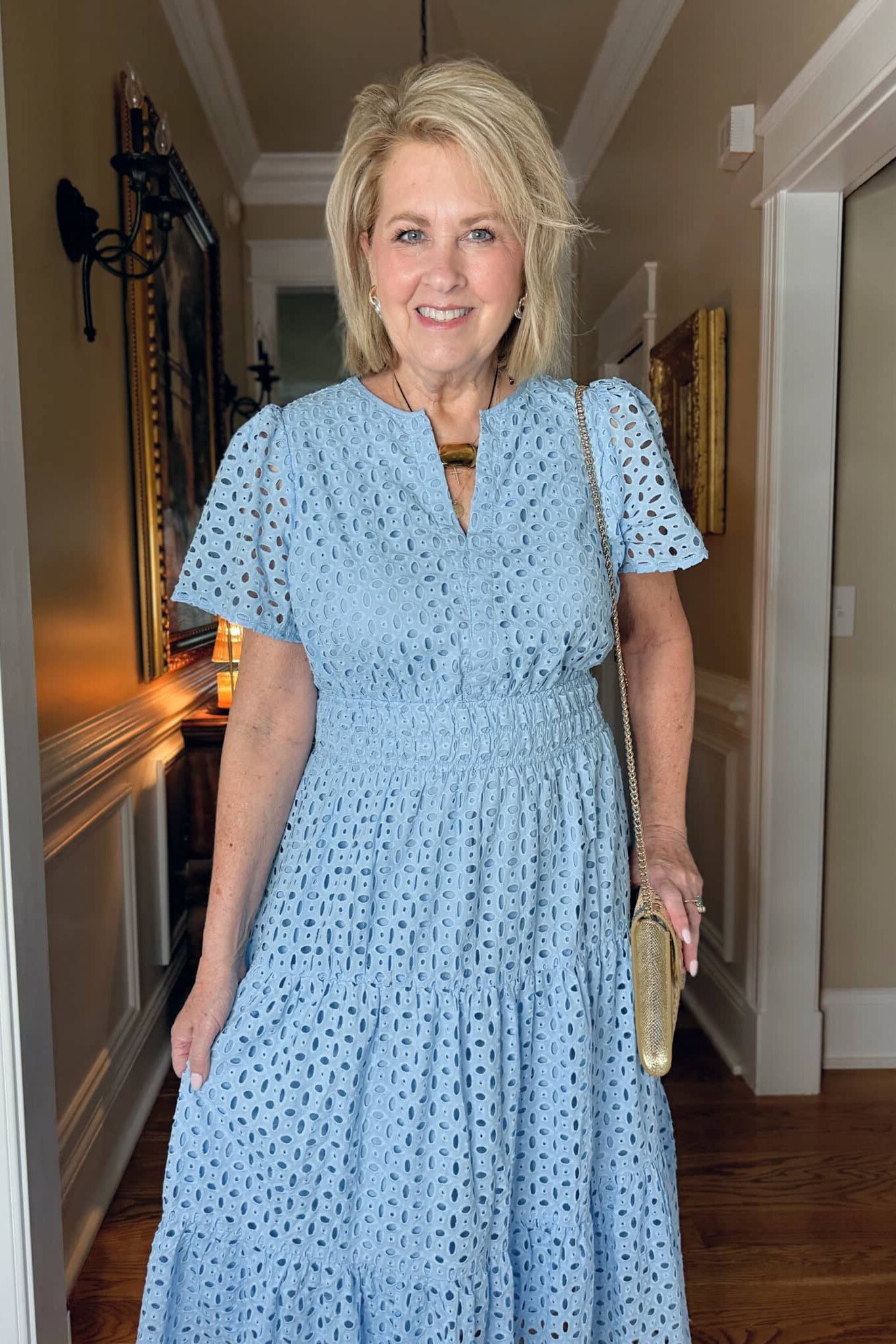 Light blue eyelet midi dress, doorway for women over 60