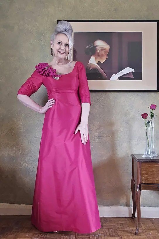 Fuchsia one-shoulder floor-length gown for women over 60
