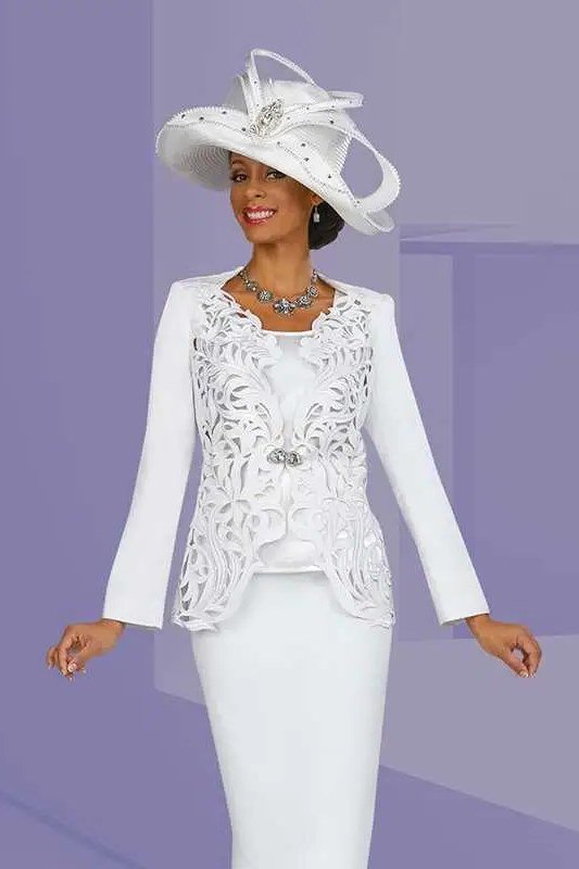 White lace dress with white feathered hat, lavender backdrop for women over 60