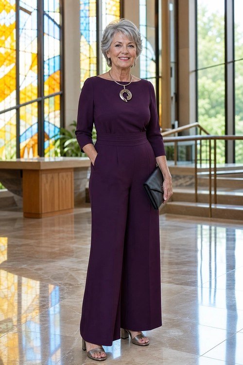 Plum wide-leg jumpsuit, church lobby for women over 60