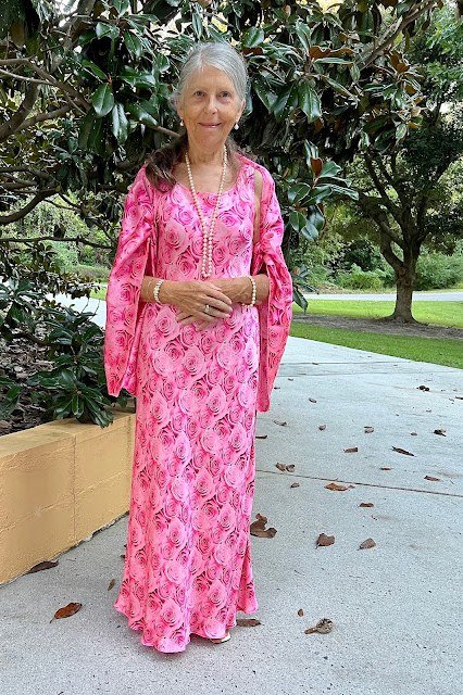 Pink paisley maxi dress, garden for women over 60