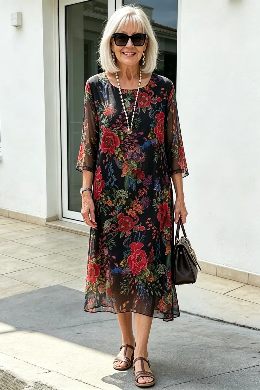 Dark red floral midi dress with sunglasses for women over 60