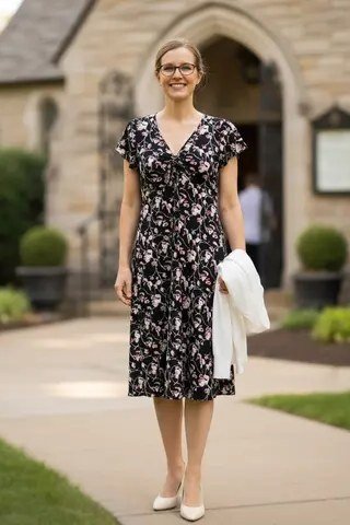 Black white floral wrap dress, church for women over 60