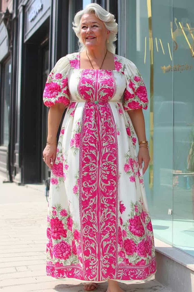 Pink white floral maxi dress, city street for women over 60