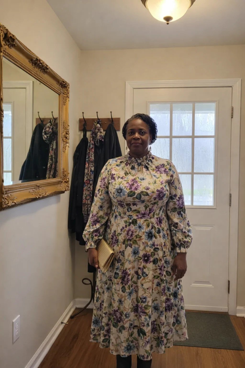 Muted floral shirtwaist dress, doorway for women over 60