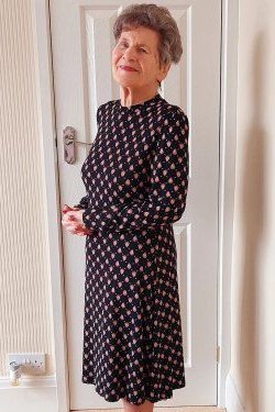Navy polka dot shirtdress, doorway for women over 60