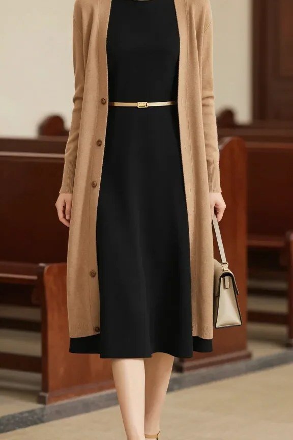 Black sheath dress with camel long cardigan with gold belt for women over 60