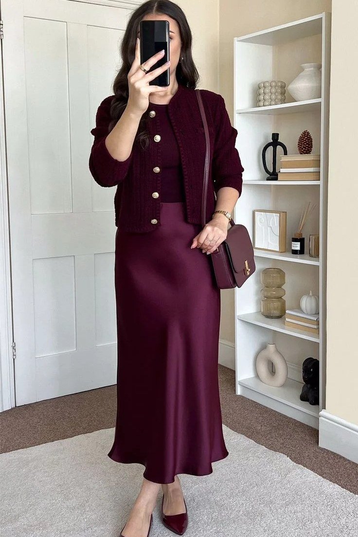 Burgundy cardigan with burgundy midi skirt suit for women over 60