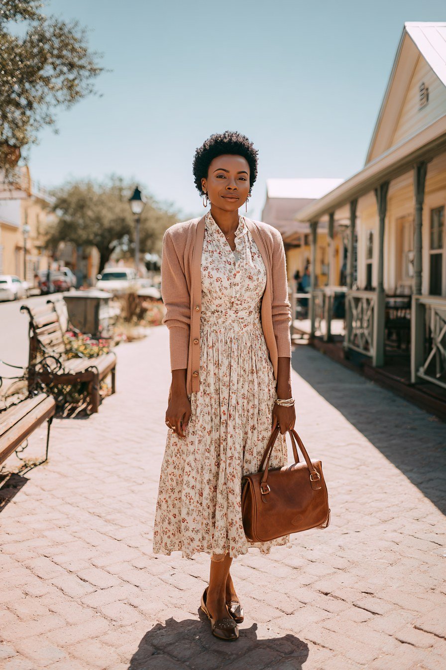 Cream floral midi dress with tan cardigan, brick street for women over 60