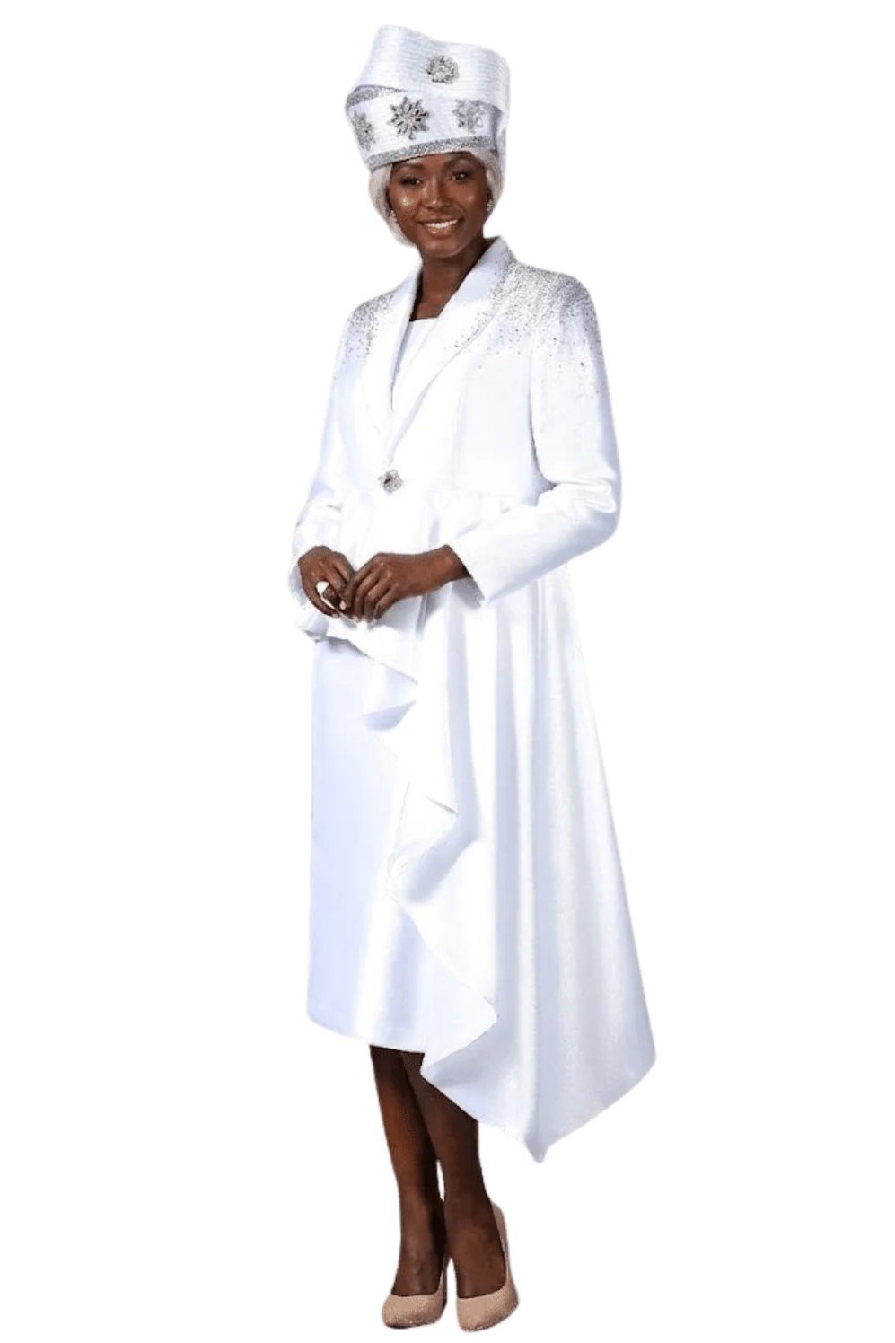 White coat with white hat, studio for women over 60