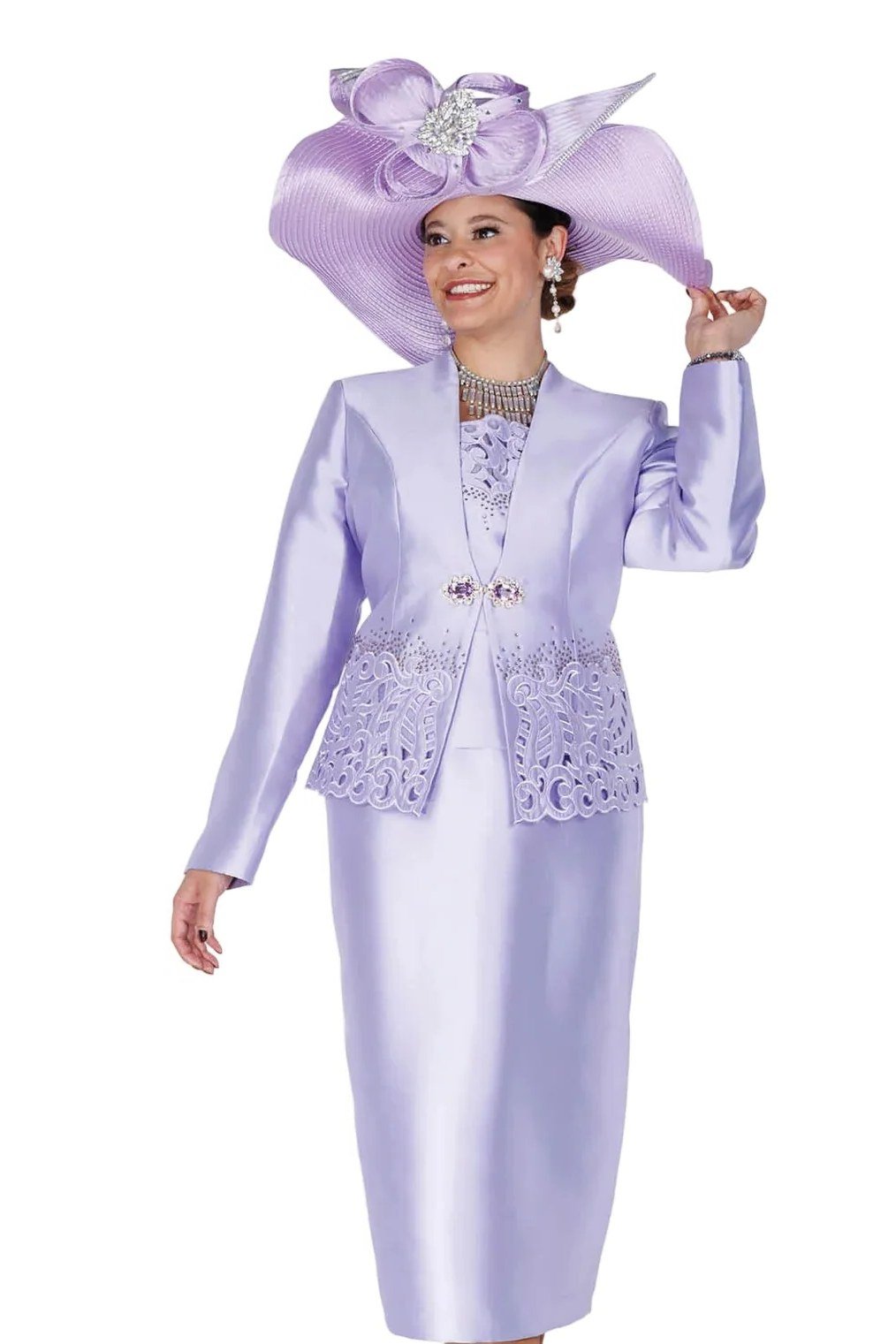 Lavender satin skirt suit with lavender hat for women over 60