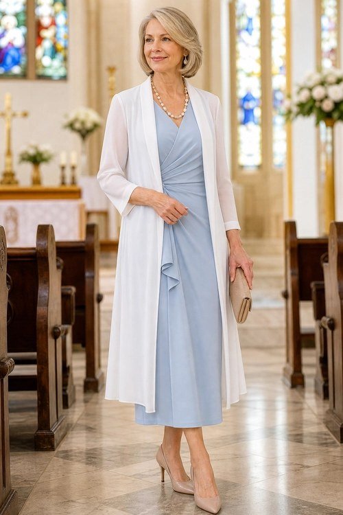 Light blue dress with white duster, church for women over 60