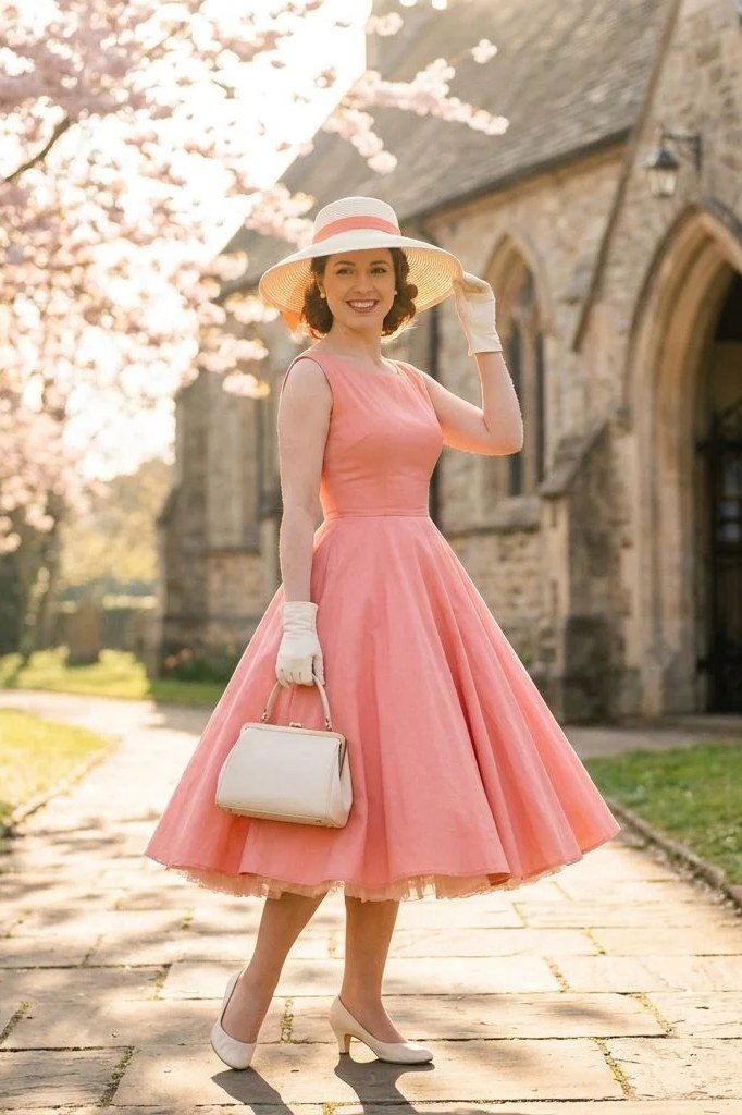 Coral-pink fit-and-flare dress with hat, church for women over 60
