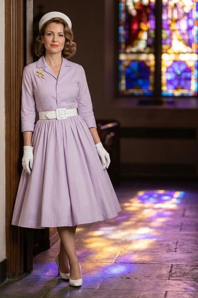 Lavender fit-and-flare dress with gloves, church doorway for women over 60