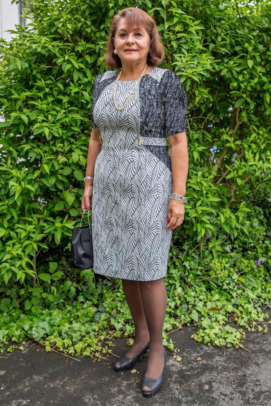 Gray patterned sheath dress, garden for women over 60