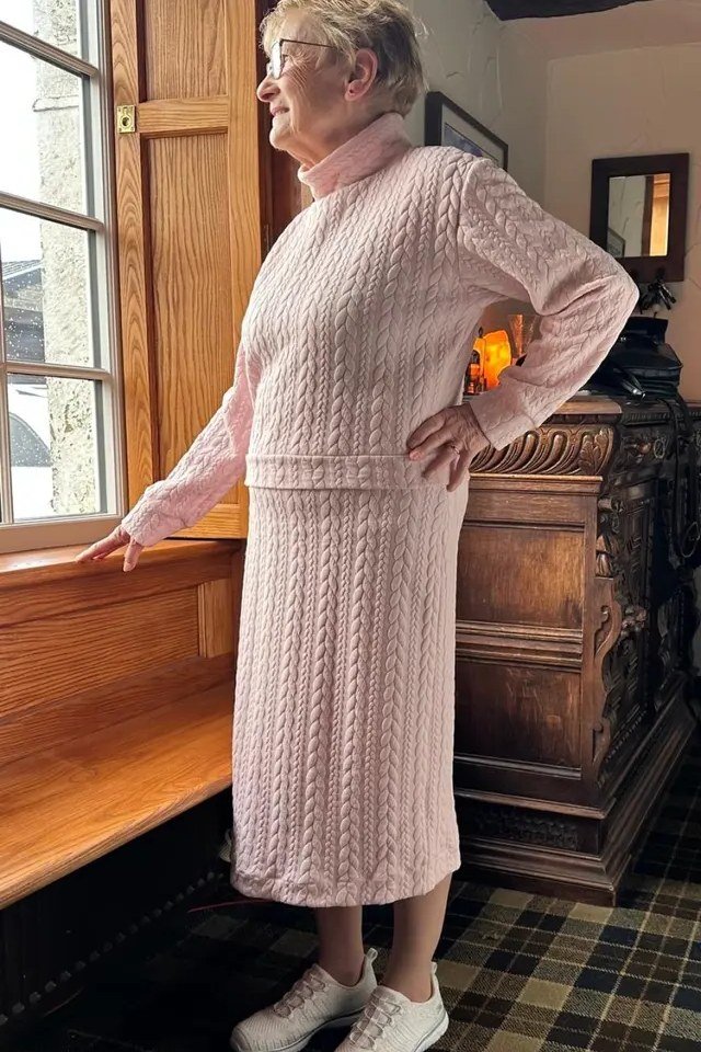 Pink twinset, church window for women over 60
