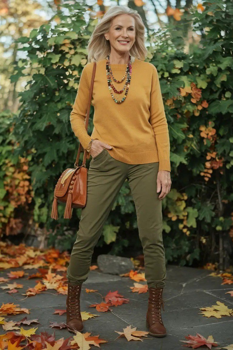 Mustard cable-knit sweater + olive trousers + brown boots, fall garden - classy outfit for women over 40